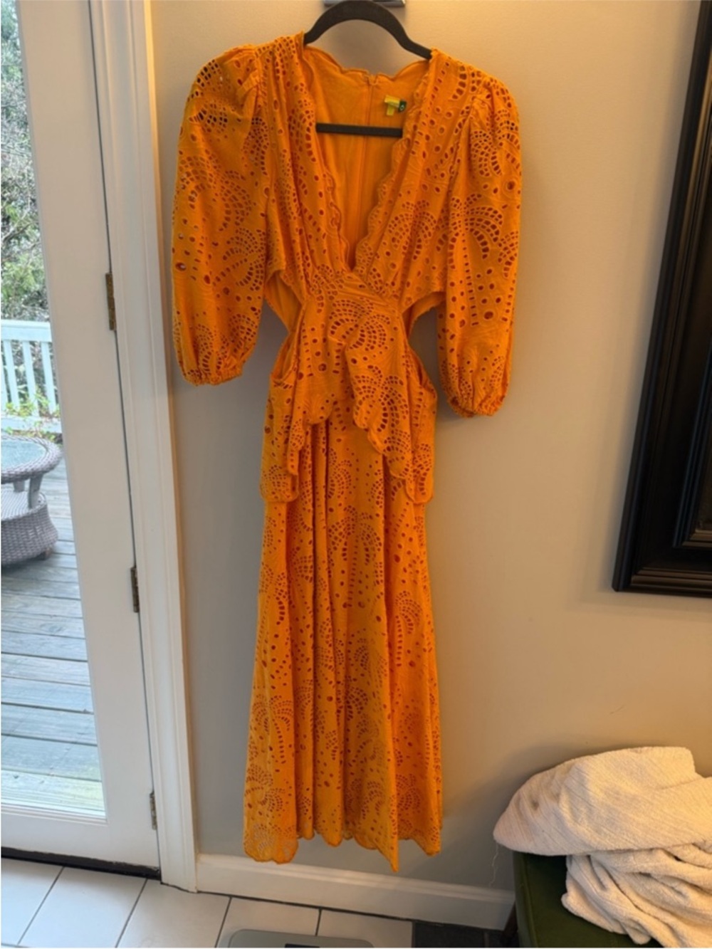 FARM Rio Mustard Yellow Eyelet Midi Dress with Cutout Waist - Picture 6 of 6